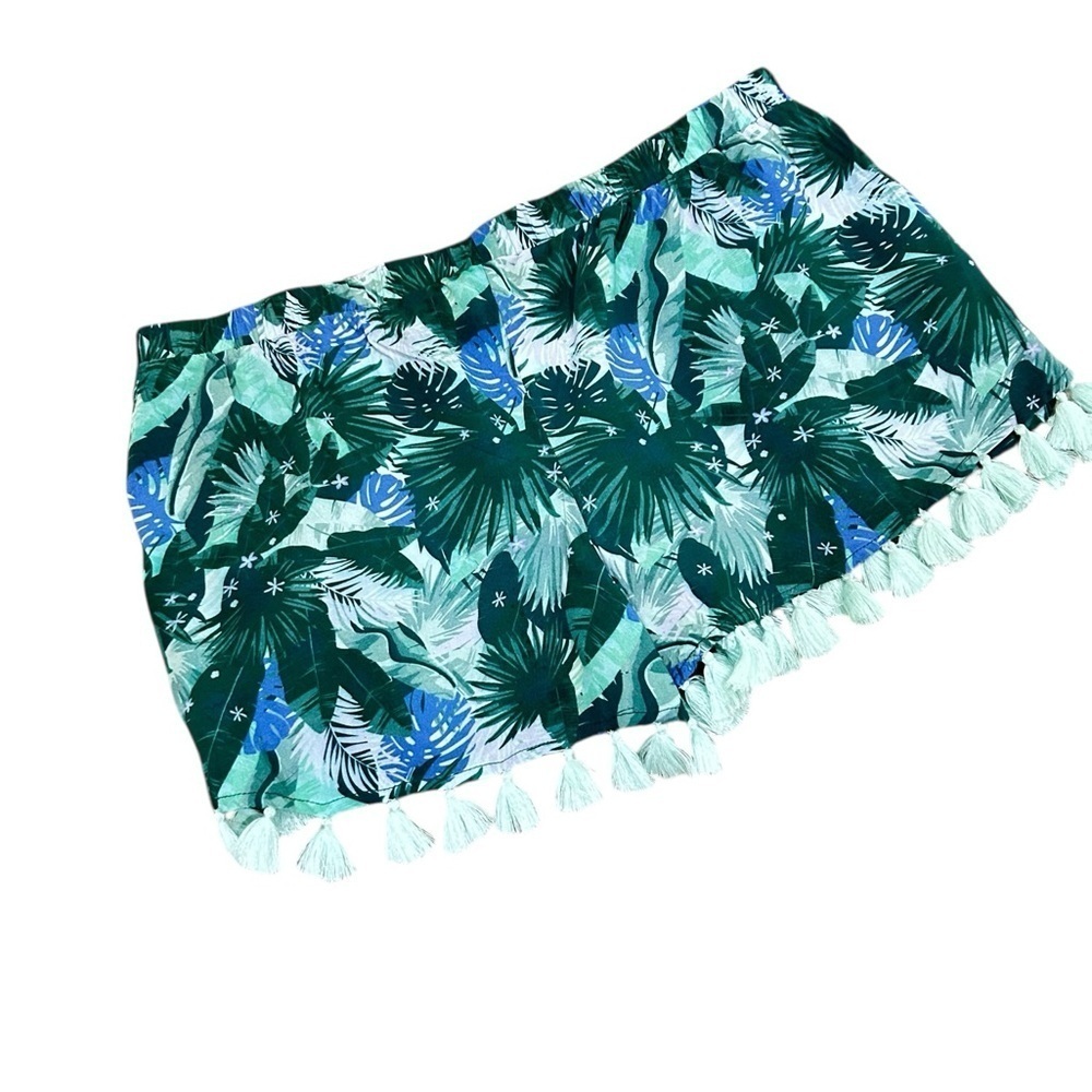 Letarte High Waist Tropical Print Shorts with tassel fringe pull on size small